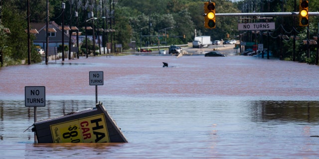 General view of the 206 route partially flooded as a result of the remnants of Hurricane Ida in Somerville, N.J., Thursday, Sept. 2, 2021. (AP Photo/Eduardo Munoz Alvarez)