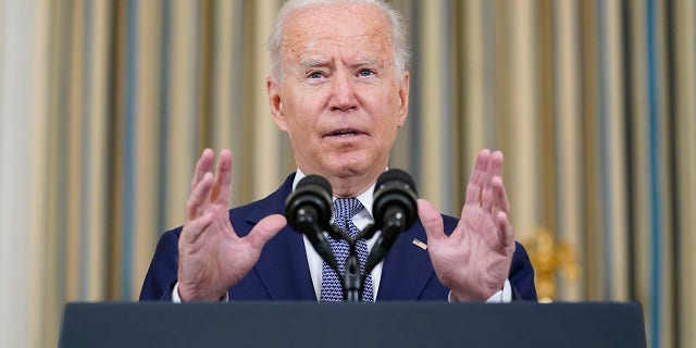 President Joe Biden speaks from the State Dining Room of the White House in Washington, Friday, Sept. 3, 2021, on the August jobs report. (AP Photo/Susan Walsh)