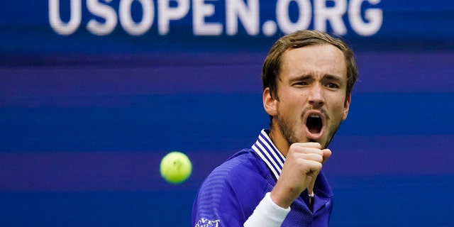 Daniil Medvedev of Russia reacts after scoring a point against Felix Auger-Aliassime of Canada in the semi-finals of the US Open tennis championships on Friday, September 10, 2021, in New York City.  (Associated press)