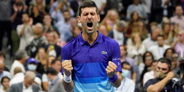 Novak Djokovic of Serbia reacts after beating Alexander Zverev of Germany in the semi-finals of the US Open tennis championships on Friday, September 10, 2021, in New York City.  (Associated press)