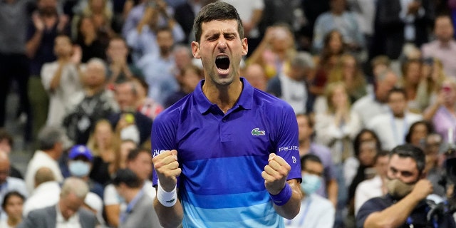 Novak Djokovic of Serbia reacts after beating Alexander Zverev of Germany in the semi-finals of the US Open tennis championships on Friday, September 10, 2021, in New York City.  (Associated press)