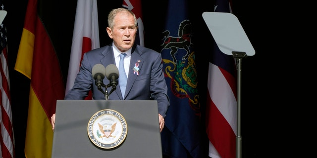 Former President George W. Bush speaks at a memorial for the passengers and crew of United Flight 93, Saturday, September 11, 2021, in Shanksville, Pa., On the 20th anniversary of the terrorist attacks. September 11, 2001 (AP Photo / Jacquelyn Martin)
