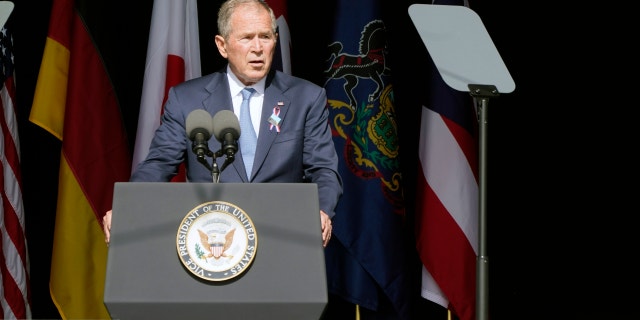 Former President George W. Bush speaks at a memorial for the passengers and crew of United Flight 93, Saturday, September 11, 2021, in Shanksville, Pa., On the 20th anniversary of the terrorist attacks. September 11, 2001 (AP Photo / Jacquelyn Martin)