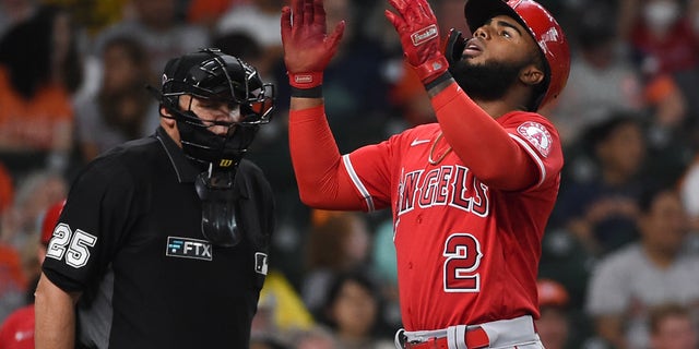 Los Angeles Angels' Luis Rengifo celebrates his two-run home run during the third inning of a baseball game against the Houston Astros, Saturday, Sept. 11, 2021, in Houston. (AP Photo/Eric Christian Smith)