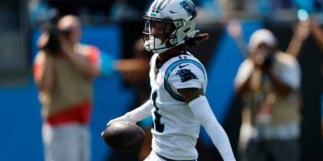 Carolina Panthers wide receiver Robby Anderson celebrates after scoring against the New York Jets Sept. 12, 2021, in Charlotte, N.C.
