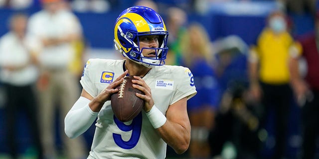 Los Angeles Rams quarterback Matthew Stafford (9) throws during the first half of an NFL football game against the Indianapolis Colts, Sunday, Sept. 19, 2021, in Indianapolis.