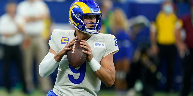 Los Angeles Rams quarterback Matthew Stafford (9) throws during the first half of an NFL football game against the Indianapolis Colts, Sunday, Sept. 19, 2021, in Indianapolis.