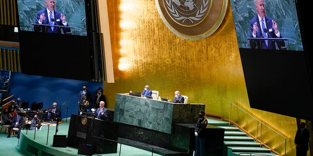 President Joe Biden delivers remarks at the 76th session of the United Nations General Assembly on Tuesday in New York.  (AP Photo / Evan Vucci)