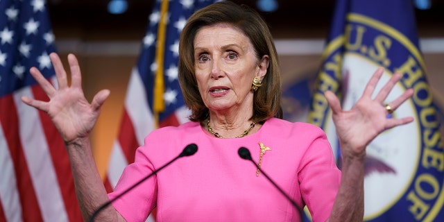 Speaker of the House Nancy Pelosi, D-Calif., addresses reporters at the Capitol in Washington, Thursday, Sept. 23, 2021. (Associated Press)