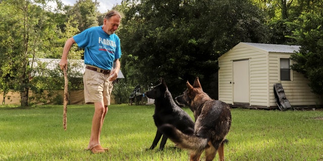 Lothar Weimann plays with his two German Shepherds, Ellie, right, and Willy, in the backyard of his home on Sept. 16, 2021, in Gainesville, Fla. When 68-year-old Weimann suffered a stroke at home in May, Ellie got through three gates and barked furiously to alert a neighbor. (Melissa Hernandez de la Cruz/Fresh Take Florida via AP)