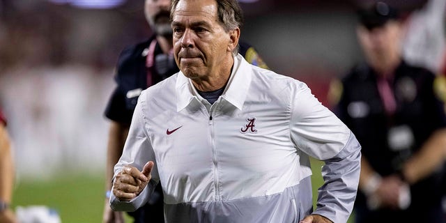 Alabama head coach Nick Saban jogs off the field after an NCAA college football game against Southern Mississippi, Saturday, Sept. 25, 2021, in Tuscaloosa, Ala.