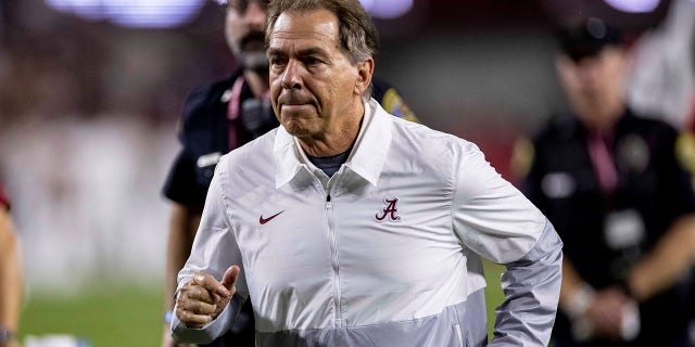 Alabama head coach Nick Saban is fleeing the field after a game in Southern Mississippi on September 25, 2021 in Tuscaloosa.