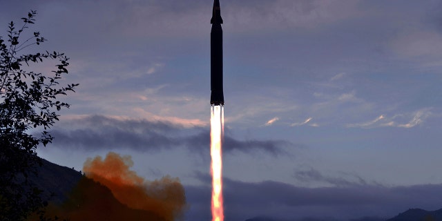 This photo provided by the North Korean government shows what North Korea claims to be a new hypersonic missile launched from Toyang-ri, Ryongrim County, Jagang Province, North Korea, Tuesday, Sept. 28, 2021. (Korean Central News Agency/Korea News Service via AP)