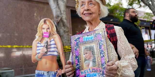 Britney Spears supporter Mona Montgomery of Glendale, Calif., demonstrates outside the Stanley Mosk Courthouse, Wednesday, Sept. 29, 2021, in Los Angeles.