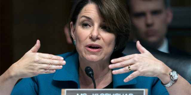 FILE - In this May 1, 2019 file photo, Sen. Amy Klobuchar, D-Minn., speaks during a Senate Judiciary Committee hearing on Capitol Hill in Washington. (AP Photo/J. Scott Applewhite)