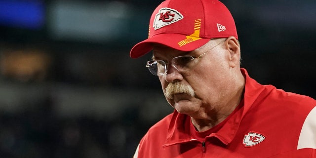 Kansas City Chiefs head coach Andy Reid walks off the field after a game against the Baltimore Ravens Sept. 19, 2021, in Baltimore.
