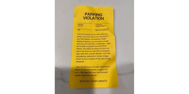 The Proefrock family received an anonymous and unofficial "parking violation" slip during their recent trip to Walt Disney World. The harshly-worded note attacks the character of the driver with insults and wished misfortune.