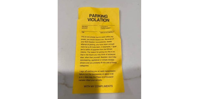 The Proefrock family received an anonymous and unofficial "parking violation" slip during their recent trip to Walt Disney World. The harshly-worded note attacks the character of the driver with insults and wished misfortune.