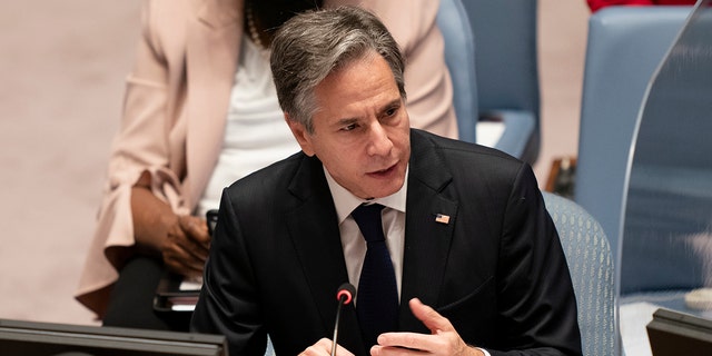 Secretary Antony Blinken speaks during a meeting of the U.N. Security Council on Thursday, Sept. 23, 2021.