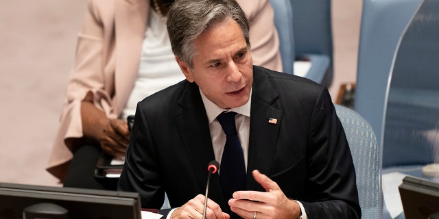 Secretary Antony Blinken speaks during a meeting of the U.N. Security Council on Thursday, Sept. 23, 2021.