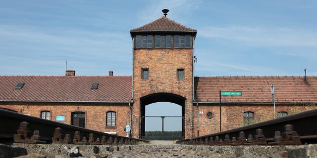 The tracks leading to the Auschwitz-Birkenau concentration camp in Poland.