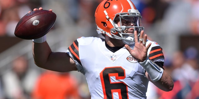 Cleveland Browns quarterback Baker Mayfield throws during the first half against the Chicago Bears on Sunday, Sept. 26, 2021, in Cleveland.