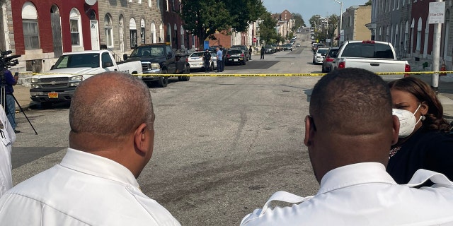 Baltimore Police Commissioner Michael Harrison is on the scene of a double shooting involving juvenile victims in the city on Sept. 13, 2021. (Baltimore Police)