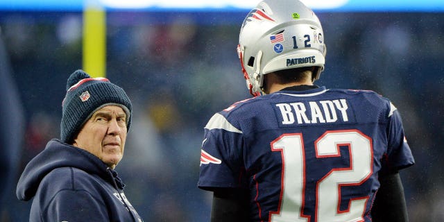 FOXBOROUGH, MASSACHUSETTS - NOVEMBER 24: Head coach Bill Belichick of the New England Patriots talks with Tom Brady #12 before the game against the Dallas Cowboys at Gillette Stadium on November 24, 2019 in Foxborough, Massachusetts. (Photo by Kathryn Riley/Getty Images)