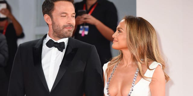 Ben Affleck and Jennifer Lopez attend the red carpet of the movie "The Last Duel" during the 78th Venice International Film Festival on September 10, 2021 in Venice, Italy.