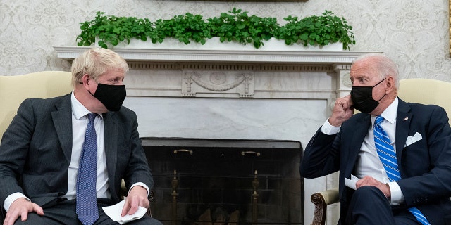 President Joe Biden speaks during a meeting with British Prime Minister Boris Johnson.
