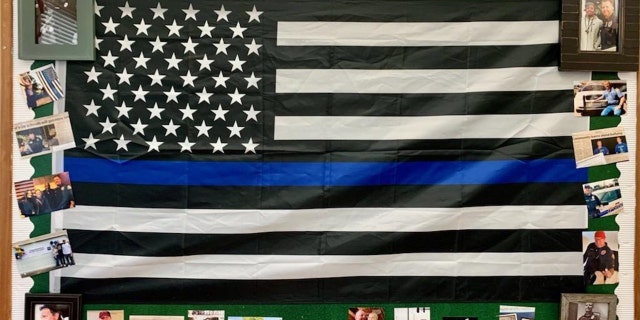 Photo showing "Thin Blue Line" flag that was ordered to be removed from Marysville Middle School classroom in Washington