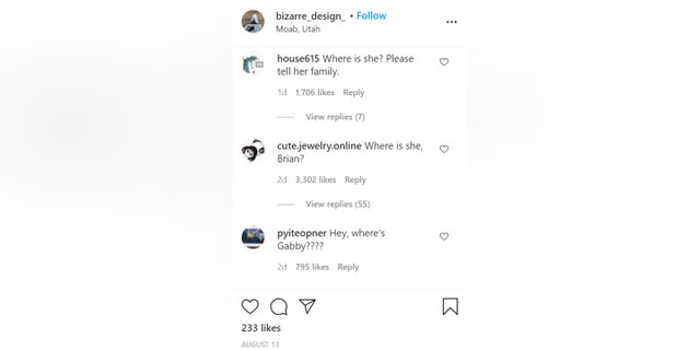 Brian Laundrie Instagram comments (Credit: Fox News screenshot)