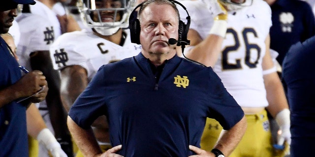 Sep 5, 2021; Tallahassee, Florida, USA; Notre Dame Fighting Irish head coach Brian Kelly during the game against the Florida State Seminoles at Doak S. Campbell Stadium.