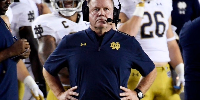 Sep 5, 2021; Tallahassee, Florida, USA; Notre Dame Fighting Irish head coach Brian Kelly during the game against the Florida State Seminoles at Doak S. Campbell Stadium.