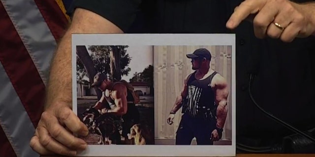 In a Sept. 9, 2021, briefing, Polk County Sheriff Grady Judd holds photos of Bryan Riley, who is accused of killing four people in Lakeland, Florida.