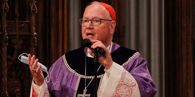 Cardinal Timothy Dolan speaks during the traditional Ash Wednesday service at St. Patrick's Cathedral in New York on February 17, 2021.