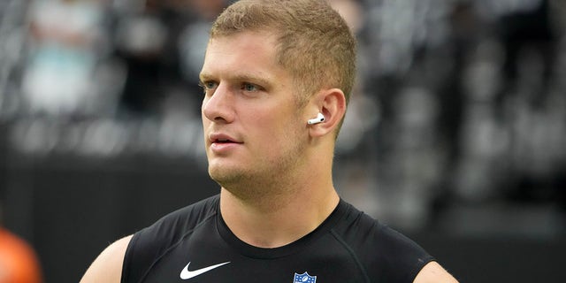 Las Vegas Raiders defensive end Carl Nassib before a game against the Miami Dolphins at Allegiant Stadium.