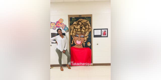 In 2019, Chanique Davis created a classroom door design after famous Cuban American Celia Cruz in honor of National Hispanic Heritage Month.