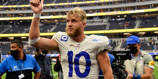 Los Angeles Rams wide receiver wide receiver Cooper Kupp (10) walks off the field after a win over the Tampa Bay Buccaneers in an NFL football game Sunday, Sept. 26, 2021, in Inglewood, California.