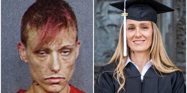 Ahead of her graduation ceremony, Burton shared these photos -- a 2005 mugshot during "one of the most intense times" of her addiction and her graduation photos -- on Facebook. The post quickly went viral.