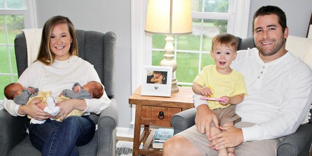 Green and her husband Brandon (reg) were "shocked" when they found out Green was pregnant just a year after their son Cason (pictured in Brandon's lap) is gebore.