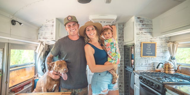 Will and Kristin Watson – along with their daughter Roam, who turns 3 this month, and their pitbull Rush – have been traveling in their renovated bus since April 2019.