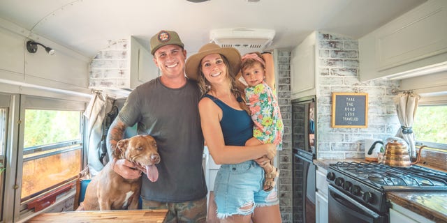 Will and Kristin Watson – along with their daughter Roam, who turns 3 this month, and their pitbull Rush – have been traveling in their renovated bus since April 2019.