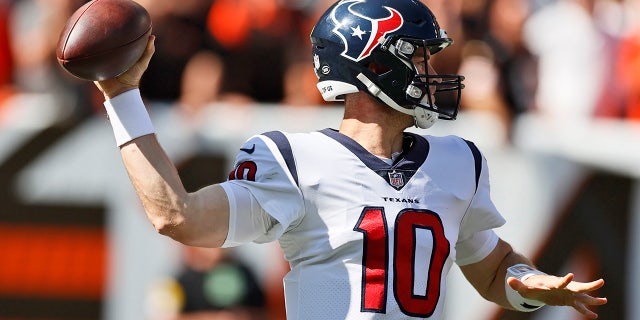 Houston Texans quarterback Davis Mills throws during the second half of an NFL football game against the Cleveland Browns, Sunday, Sept. 19, 2021, in Cleveland.