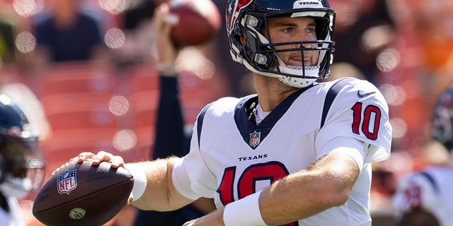 Houston Texans quarterback Davis Mills (10) throws the ball during warmups before a game against the Cleveland Browns at FirstEnergy Stadium Sept. 19, 2021, in Cleveland.