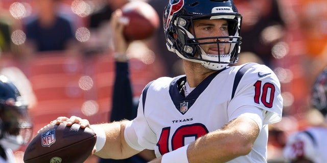 Houston Texans quarterback Davis Mills (10) throws the ball during warmups before a game against the Cleveland Browns at FirstEnergy Stadium Sept. 19, 2021, in Cleveland.