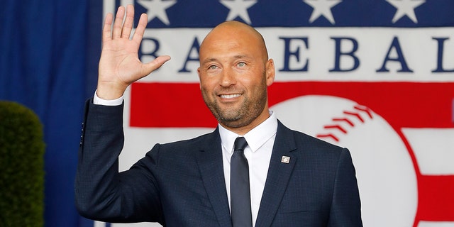 Derek Jeter is introduced during the Baseball Hall of Fame induction ceremony at Clark Sports Center on September 08, 2021 in Cooperstown, New York.