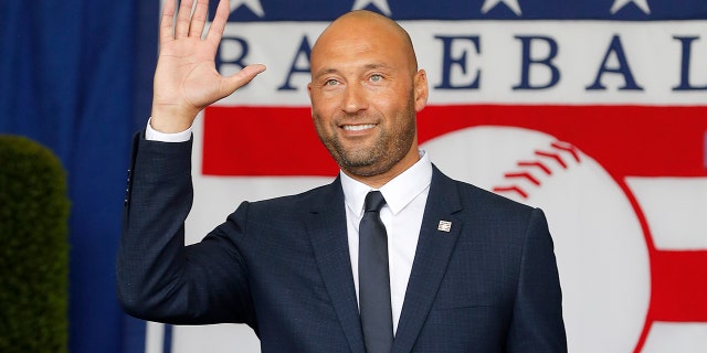 Derek Jeter is introduced during the Baseball Hall of Fame induction ceremony at Clark Sports Center on September 08, 2021 in Cooperstown, New York.