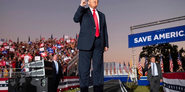 Former President Donald Trump greets supporters during his Save America rally in Perry, Ga., on Saturday, Sept. 25, 2021. (AP Photo/Ben Gray)