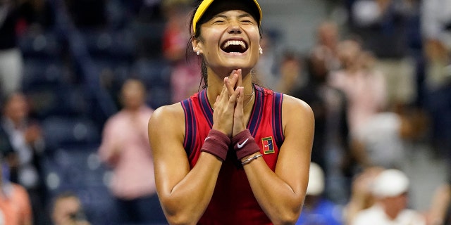 Emma Raducanu, of Great Britain, reacts after defeating Maria Sakkari, of Greece, during the semifinals of the US Open tennis championships, Thursday, Sept. 9, 2021, in New York. (AP Photo/Frank Franklin II)